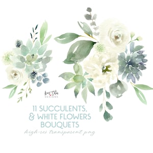 Succulents and White Flowers Watercolor Clipart with Greenery