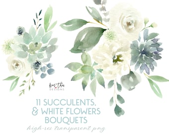 Succulents and White Flowers Watercolor Clipart with Greenery
