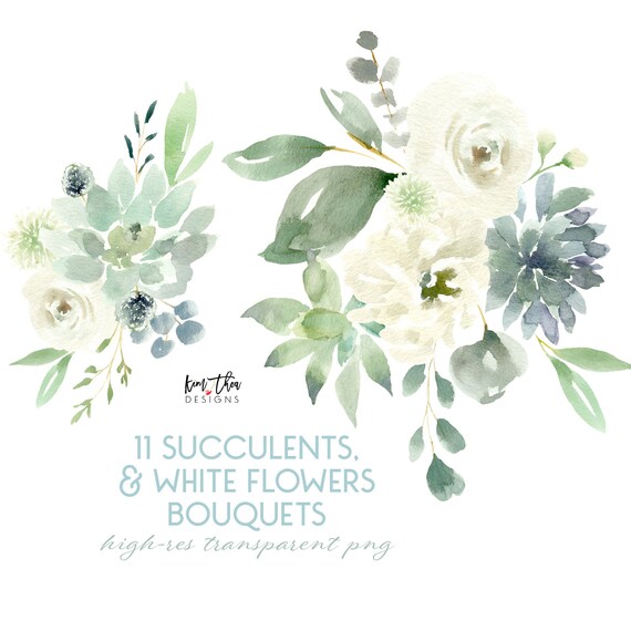Succulents And White Flowers Watercolor Clipart With Greenery Etsy