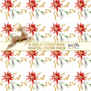 May include: A seamless pattern digital paper pack featuring a repeating design of red poinsettia flowers with gold accents and green leaves on a white background. The text "9 GOLD CHRISTMAS DIGITAL PAPER PACK Kim Tha Designs" is at the bottom of the image.