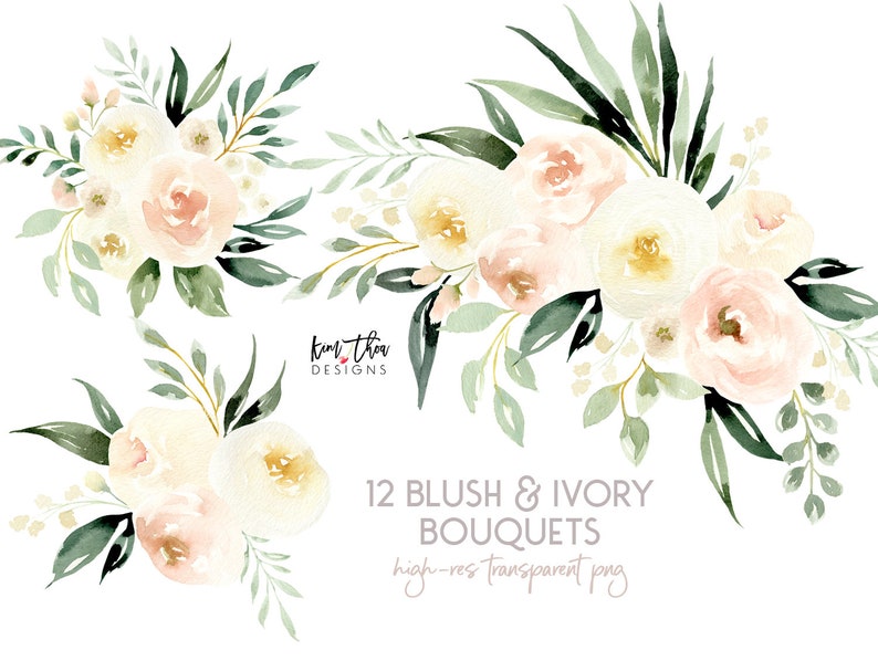 Blush and Ivory Watercolor Flowers With Greenery Etsy