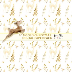 May include: A seamless pattern featuring gold reindeer and pine trees on a white background. The pattern is perfect for creating festive digital paper for scrapbooking, card making, and other craft projects. The text "9 Gold Christmas Digital Paper Pack" and "Kim Tha Designs" is included in the image.