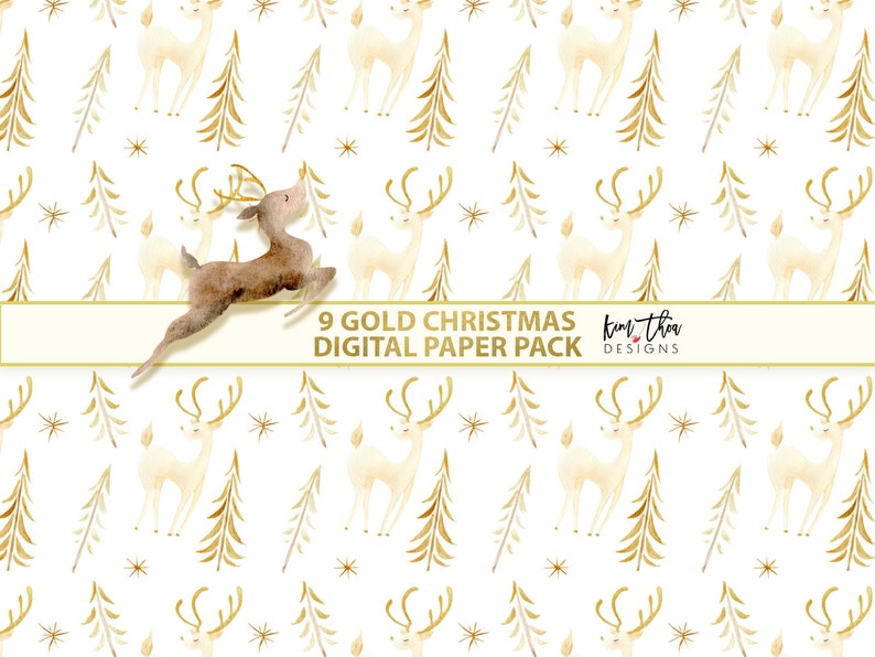 May include: A seamless pattern featuring gold reindeer and pine trees on a white background. The pattern is perfect for creating festive digital paper for scrapbooking, card making, and other craft projects. The text "9 Gold Christmas Digital Paper Pack" and "Kim Tha Designs" is included in the image.