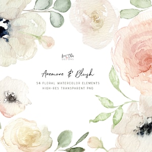 Anemone and Blush Flowers Watercolor Elements Clipart | Anemone and Greenery Floral Elements Clipart PNG