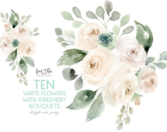 White Flower Watercolor Clipart with Eucalyptus Greenery