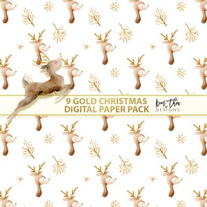 May include: A seamless pattern digital paper pack featuring a gold reindeer with antlers and snowflakes on a white background. The text "9 GOLD CHRISTMAS DIGITAL PAPER PACK" and "kim tha designs" is included in the image.