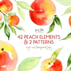 May include: Watercolor illustrations of peaches and leaves. The image includes 42 peach elements and 2 patterns. The text "Kim Thao Designs" and "42 Peach Elements & 2 Patterns" is included in the image. The text "high-res transparent png" is also included in the image.