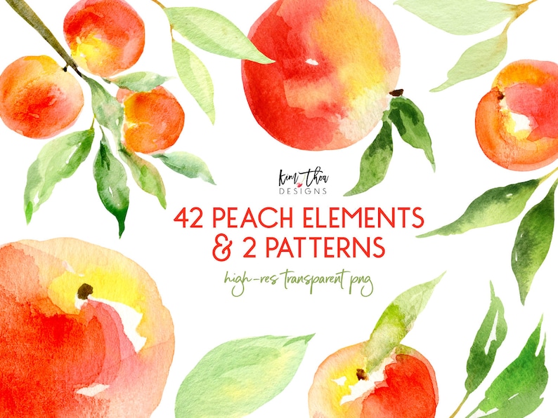 May include: Watercolor illustrations of peaches and leaves. The image includes 42 peach elements and 2 patterns. The text "Kim Thao Designs" and "42 Peach Elements & 2 Patterns" is included in the image. The text "high-res transparent png" is also included in the image.