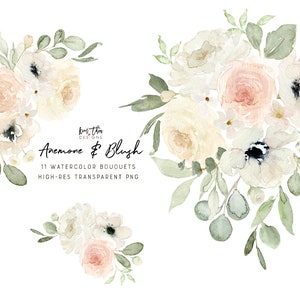 Anemone and Blush Flowers Watercolor Clipart | Anemone and Greenery Floral Clipart PNG