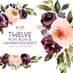 Clipart de fleur d’aquarelle pourpre | Prune, blush et lavande Floral Clipart PNG image 1