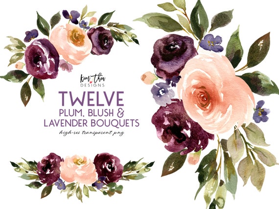 Purple Watercolor Flower Clipart | Plum, Blush and Lavender Floral Clipart PNG