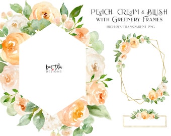 Pêche, crème et fard à joues avec l’aquarelle de greenery Floral Clipart PNG