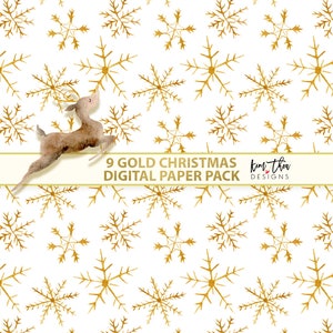 May include: A digital paper pack with 9 seamless patterns featuring gold watercolor snowflakes on a white background. The text "9 GOLD CHRISTMAS DIGITAL PAPER PACK" and "kim tha designs" is displayed on a cream banner.