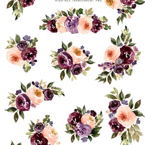 Clipart de fleur d’aquarelle pourpre | Prune, blush et lavande Floral Clipart PNG image 5