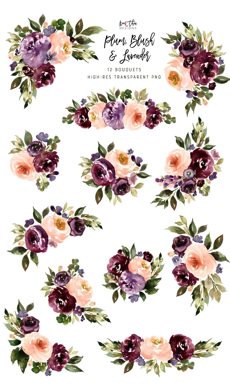 Clipart de fleur d’aquarelle pourpre | Prune, blush et lavande Floral Clipart PNG image 5