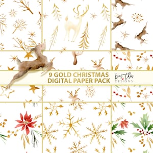 May include: Nine digital paper patterns featuring gold Christmas designs on a white background. The patterns include reindeer, snowflakes, stars, holly, and branches.