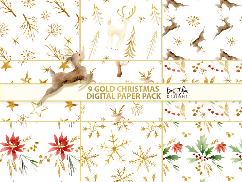 May include: Nine digital paper patterns featuring gold Christmas designs on a white background. The patterns include reindeer, snowflakes, stars, holly, and branches.