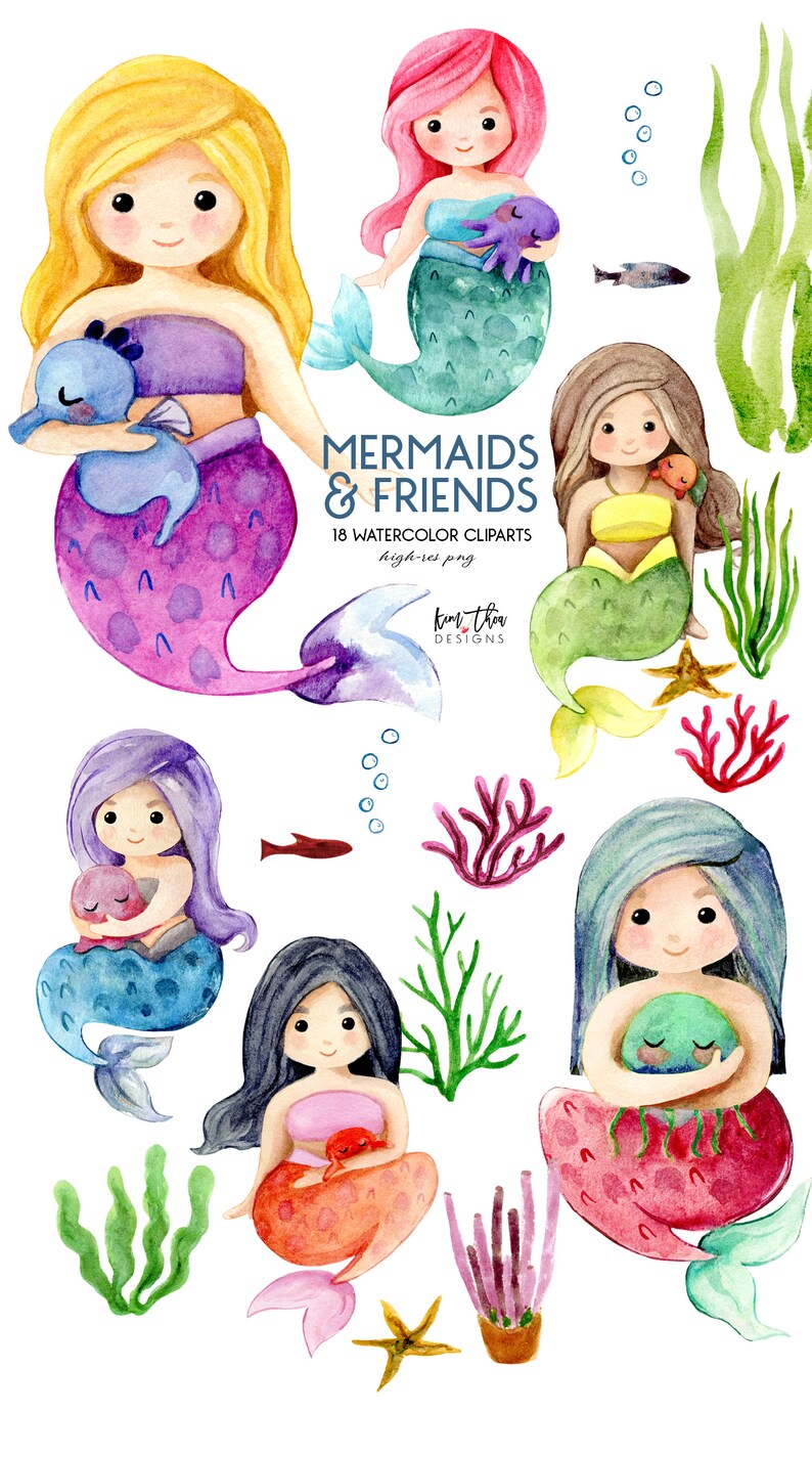 May include: Watercolour clipart set of mermaids and sea creatures. The set includes six mermaids with different coloured hair and tails, each holding a sea creature. The set also includes sea life such as seaweed, coral, and starfish.