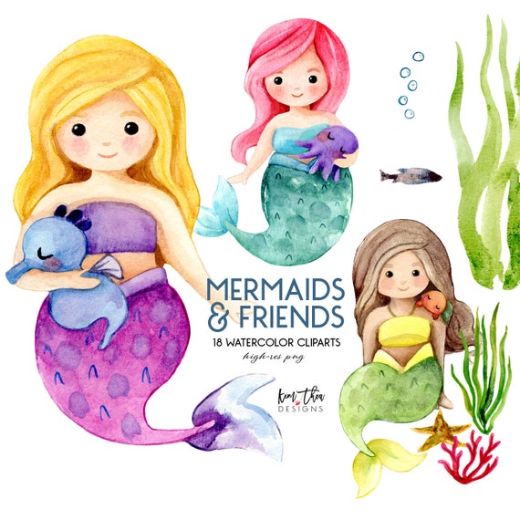 Mermaids Watercolor Clipart | Mermaids and Under the Sea Creatures PNG Clipart