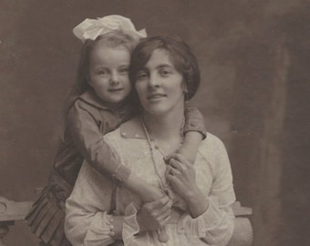 Antique Sepia Photo of Mother and Young Daughter Unique Pose circa 1900's Edwardian