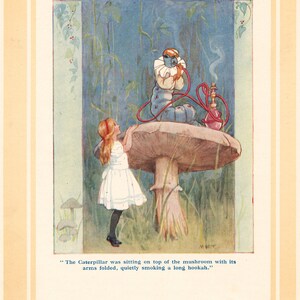 Margaret W. Tarrant Vintage Book Plate Hookah Caterpillar Alice in Wonderland Nursery Illustration 1916