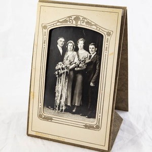Vintage Wedding Photo Trailing Bouquet 1920s 30s Black and White in Cardboard Frame