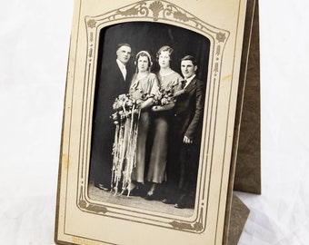 Vintage Wedding Photo Trailing Bouquet 1920s 30s Black and White in Cardboard Frame