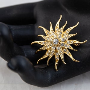 D'Orlan Atomic Starburst Brooch Gold Tone Clear Rhinstones Canadian Designer 1970 Vintage