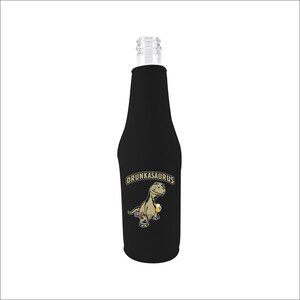 May include: Black bottle cooler with a dinosaur holding a beer and the text "DRUNKASAURUS".