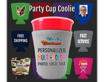 Low Minimum Custom Neoprene Party Cup Coolie. ANY design, photo, logo, text. Full color vinyl transfer print. FREE standard shipping.