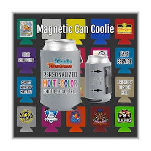 May include: A gray can cooler with the text "Goolie Customs" and "Personalized Multi-Color Photo, Logo, Text". The cooler has a black strap and powerful magnets. The image also shows several other can coolers with different designs.