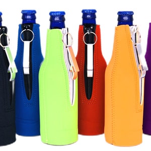 Blank Neoprene Beer Bottle Coolie With Attached Opener. Choice of Colors, Quantity Discounts, Buy More and Save. FREE Shipping.