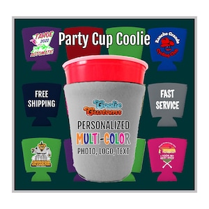 May include: A gray and red personalized party cup coolie with the text "Goolie Customs" and "Personalized Multi-Color Photo, Logo, Text".