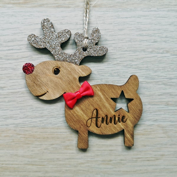 Personalised engraved wooden reindeers, Christmas tree decoration, Ornament, First Christmas