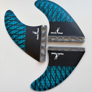 May include: A set of three surfboard fins featuring a teal and black honeycomb pattern. Each fin has a black base with the text North East and a logo of a person surfing. The base of each fin includes a series of cut-out rectangular holes.