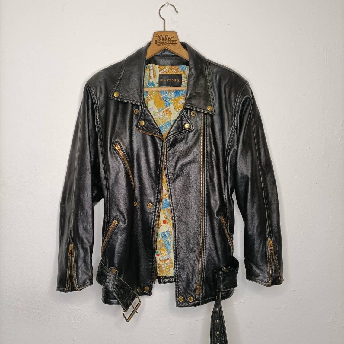 Vintage leather biker jacket black low belt worn-out look | Etsy