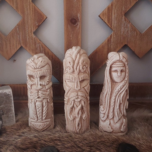 Set of 3 Norse Totems Viking Gods Idols Odin Thor Freya Freyja Asatru Altar Statue Figurines