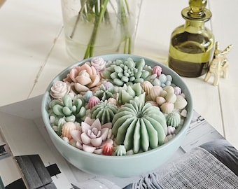 Succulent Candle in Dusty Blue Ceramic Pot - Cactus and Flower Soy and Bees Wax Candle in Flowerexplosion Scent- Super Unique Gift