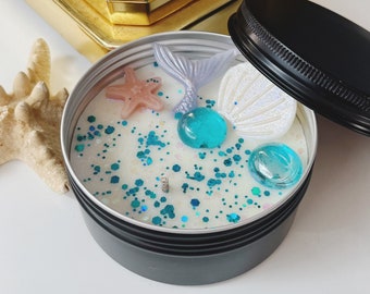 Mermaid Soy Wax Candle: Glitter Seaside Decor in Black Tin