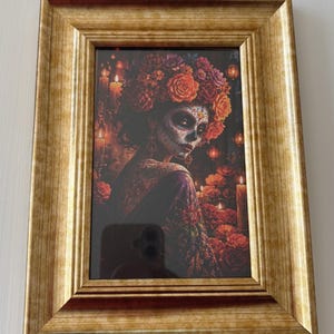 Sugar skull made up Day of the Dead girl dressed up unique goth gothic art print picture gothic wall decor in gold frame