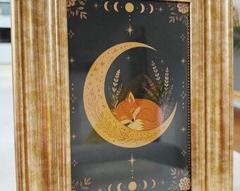 Sleeping fox on Moon in woodland nature unique celestial gothic art print picture ethereal wall decor in gold frame