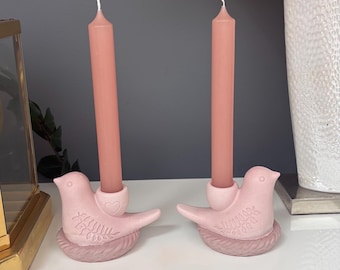 Bird shaped light pink candle stick holders with candles set of 2 handmade