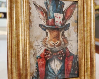 Arty rabbit magician with play cards and top hat print in whimsical unique textured style wall decor in gold frame