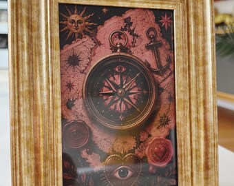 Compass , eye and anchor unique goth gothic art print picture celestial wall decor in gold frame