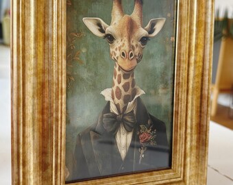 Giraffe wearing a suit animal portrait in a unique whimsical arty style in a gold frame