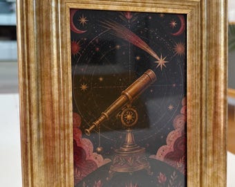 Falling star with telescope unique celestial ethereal goth art print picture gothic wall decor in gold frame