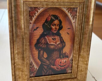 Gorgeous Witch and pumpkins unique witchy gothic art print picture astral wall decor in gold frame