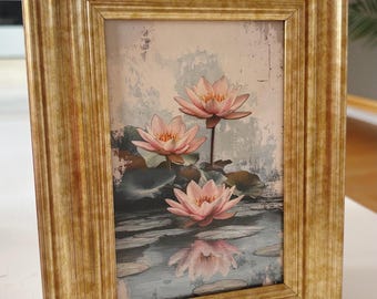 Lotus flower unique ethereal celestial textured looking art print spiritual wall decor in vintage style gold frame