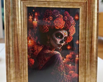 Sugar skull made up Day of the Dead girl dressed up unique goth gothic art print picture gothic wall decor in gold frame