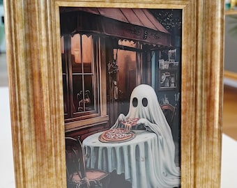 Ghost eating pizza funny unique goth art print Halloween gothic quirky wall art decor in vintage style gold frame